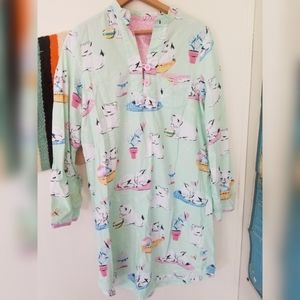 Nick & Nora Mint Green Kitten Print Flannel Nightgown Size Medium